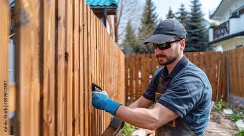 A skilled worker installing wooden fence panels in a sunny backyard. Focused and wearing safety gear while working.
