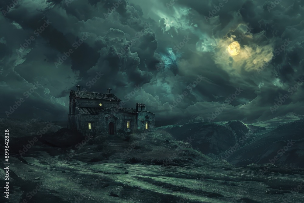 Mysterious stone house on a hill during a full moon Mysterious stone house on a hill during a full moon