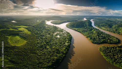 Amazon River with amazing views with lush greenery, and calm river flow, Aerial view is amazing photo