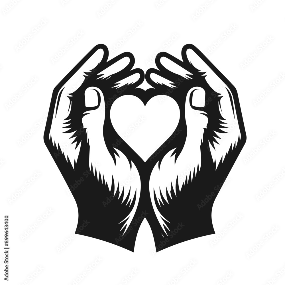 Fototapeta premium Clean Black and white vector silhouette of a Heart in hands on white background