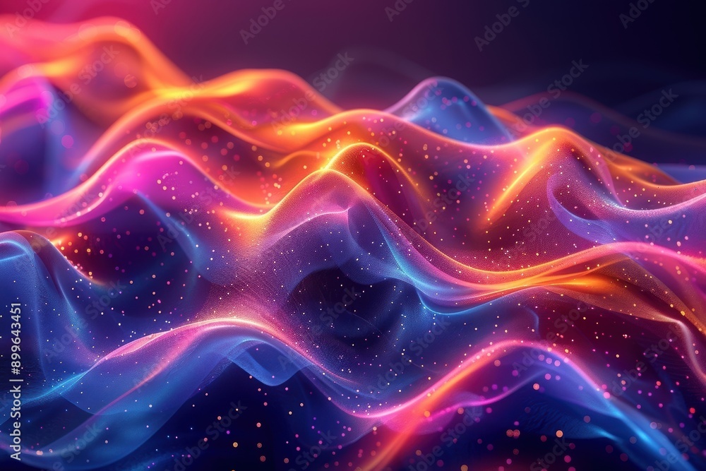 Fototapeta premium Vibrant waves of colorful light creating a mesmerizing abstract design with bright particles floating against a dark background.