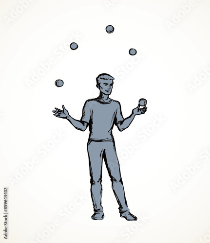 Vector drawing. Guy juggling balls
