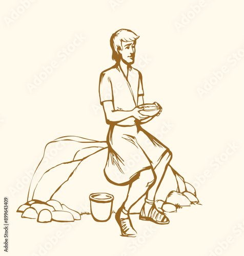 Vector drawing. An ancient man sits on a stone with a bowl