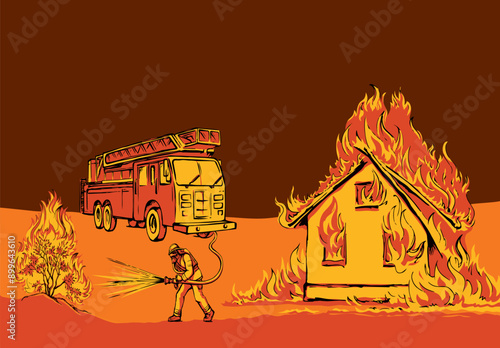 Vector drawing. Unreasonable work. A fireman puts out a bush instead of a house