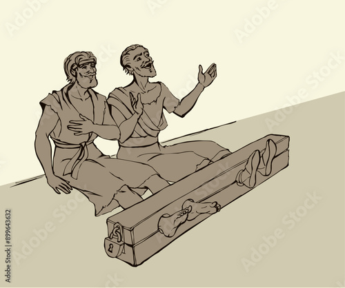 Paul and Silas in prison. Vector drawing