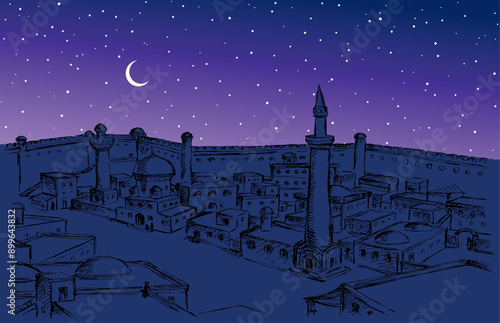 Vector drawing. Ancient eastern town