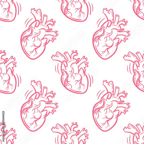 Seamless pattern Realistic anatomic heart, vector hand drawn illustration in doodle style, sketch drawing. For wallpaper, fabric, wrapping, background