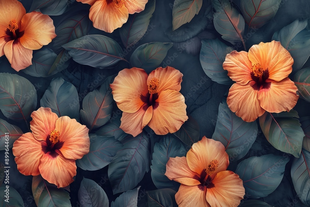 custom made wallpaper toronto digitalBeautiful orange hibiscus flowers with vibrant green leaves on a dark background, showcasing the intricate details of petals and foliage.
