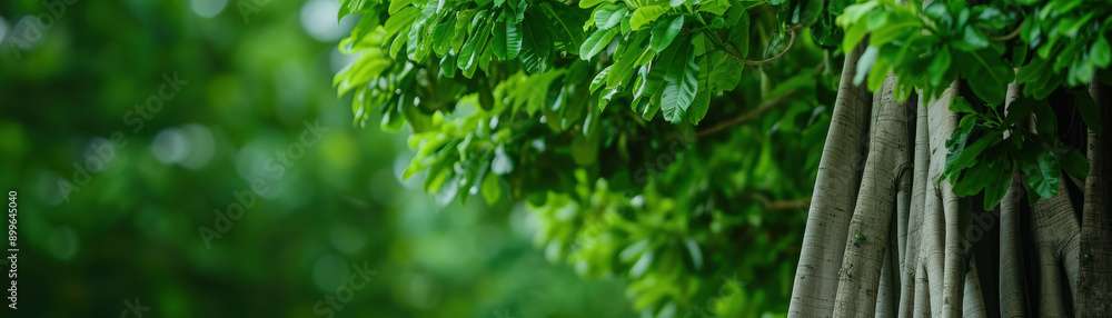 Lush green leaves and strong branches of a tropical tree create a serene natural scene, perfect for nature or environment-oriented projects. Lush green leaves and strong branches of a tropical tree create a serene natural scene, perfect for nature or environment-oriented projects.
