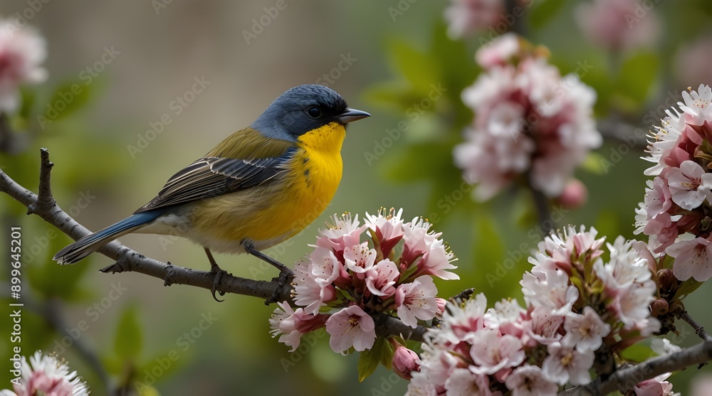 Perched on a cherry blossom tree limb was a red-canary bird. Perched on a cherry blossom tree limb was a red-canary bird.