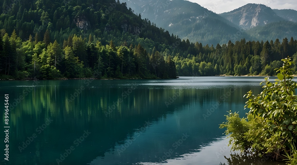 Naklejka premium beautiful lake surrounded by greenery and blue mountains