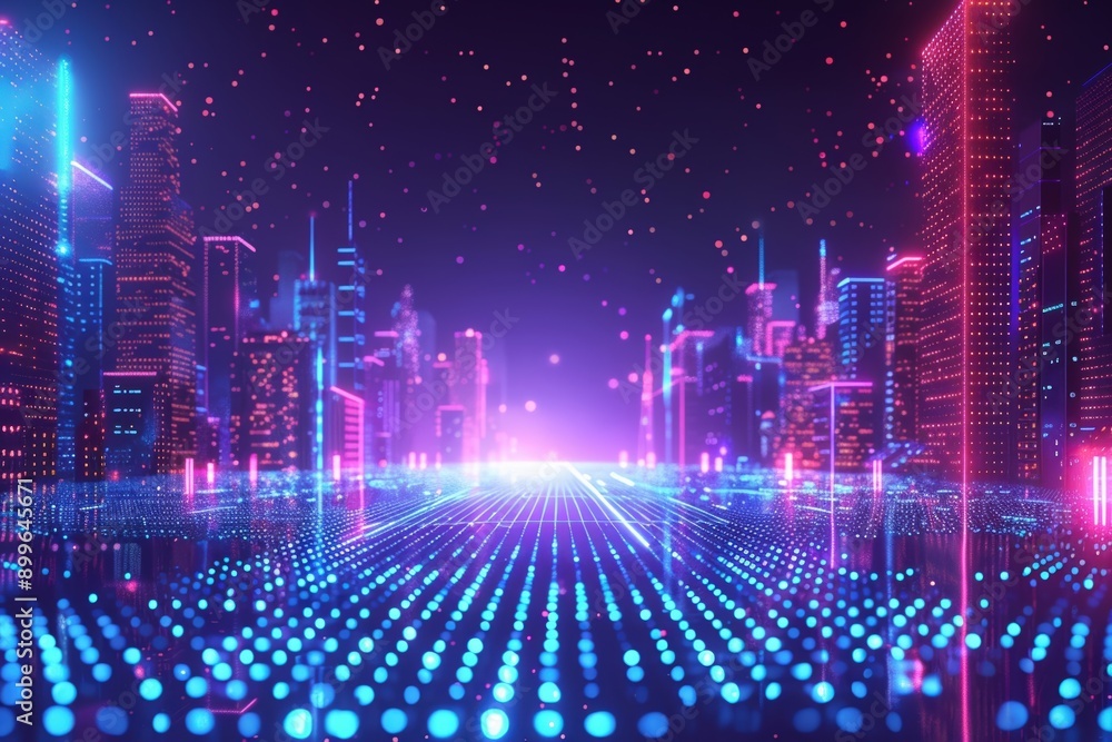 Futuristic city skyline with neon lights and digital grid resembling a sci-fi virtual world, featuring glowing buildings and a starry night sky. Futuristic city skyline with neon lights and digital grid resembling a sci-fi virtual world, featuring glowing buildings and a starry night sky.