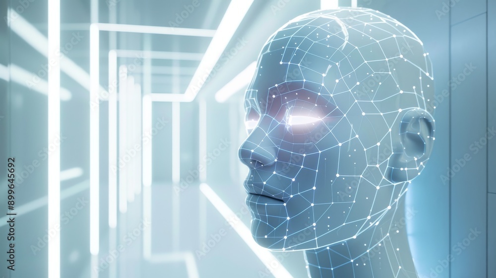 A digital representation of a human head with a glowing network pattern is set against a futuristic corridor. The scene exudes a high-tech, sci-fi ambiance, perfect for concepts related to AI and A digital representation of a human head with a glowing network pattern is set against a futuristic corridor. The scene exudes a high-tech, sci-fi ambiance, perfect for concepts related to AI and