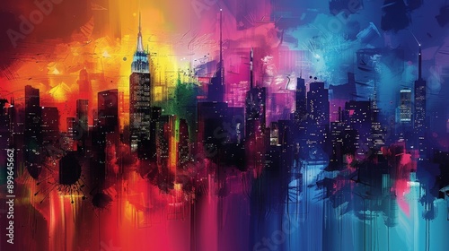Abstract cityscape silhouette with vibrant colors and dynamic patterns
