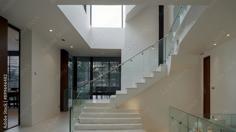 Inside a modern home, a white modern staircase Inside a modern home, a white modern staircase
