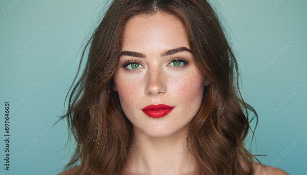Portrait of a beautiful and gorgeous woman with brown hair, red lips and green eyes on isolated blue background, studio shot. Portrait of a beautiful and gorgeous woman with brown hair, red lips and green eyes on isolated blue background, studio shot.