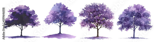 Set of  Watercolor Purple Trees in Various Stages collection cut out transparent isolated on white background PNG photo