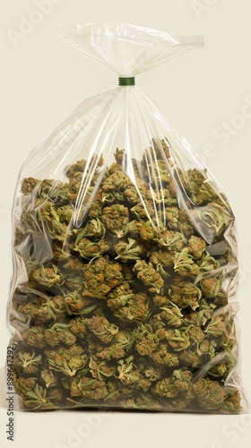 Clear plastic bag filled with dried cannabis buds, showcasing the raw product in bulk form. Green and brown organic material visible through transparent packaging. photo