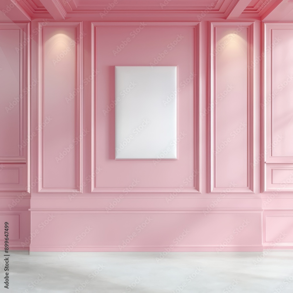 Elegant pink wall with classic paneling and a blank canvas in the center, perfect for artwork display and creative interior design concepts. Elegant pink wall with classic paneling and a blank canvas in the center, perfect for artwork display and creative interior design concepts.