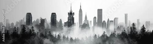 wide cover image of black and white city skyscrapers facade with reflection on water front 