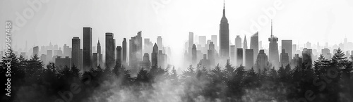 wide cover image of black and white city skyscrapers facade with reflection on water front 