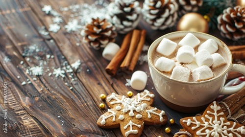 Cozy winter scene with hot chocolate topped with marshmallows, gingerbread cookies, pine cones, and festive decorations on rustic wooden table.