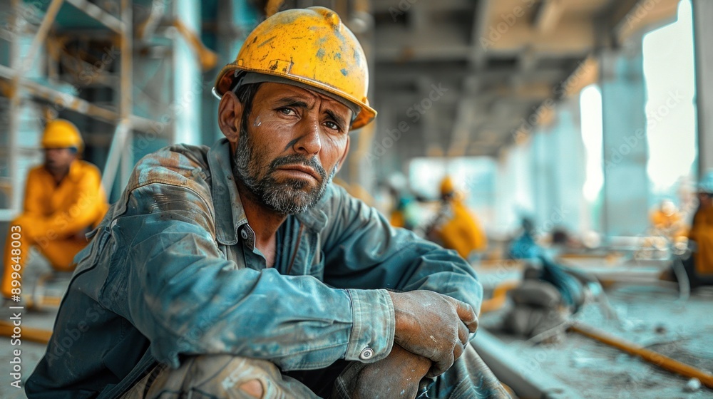 Construction workers sit sad on the job site, there are unemployed, hopeless crisis, low economic crisis, business failure Construction workers sit sad on the job site, there are unemployed, hopeless crisis, low economic crisis, business failure
