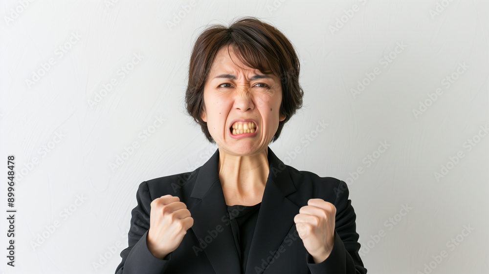 スーツ姿で怒りを露わにする女性 スーツ姿で怒りを露わにする女性