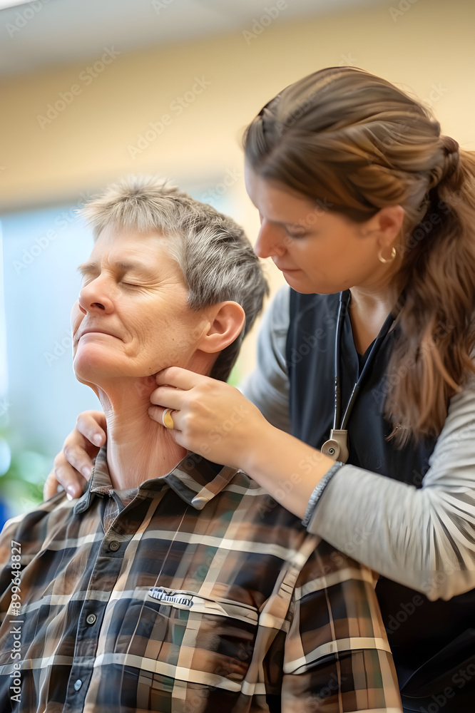An elderly woman enjoys a therapeutic neck massage from a skilled therapist, promoting relaxation and pain relief. An elderly woman enjoys a therapeutic neck massage from a skilled therapist, promoting relaxation and pain relief.