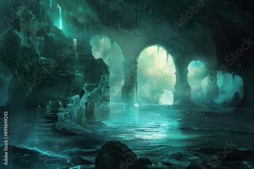 Bioluminescent cavern with ethereal glow illuminates the mystical underground lake