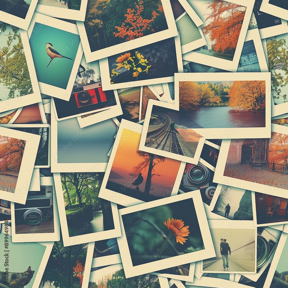 Fototapeta premium Cyclic seamless repeating pattern of vintage polaroid photos scattered randomly.