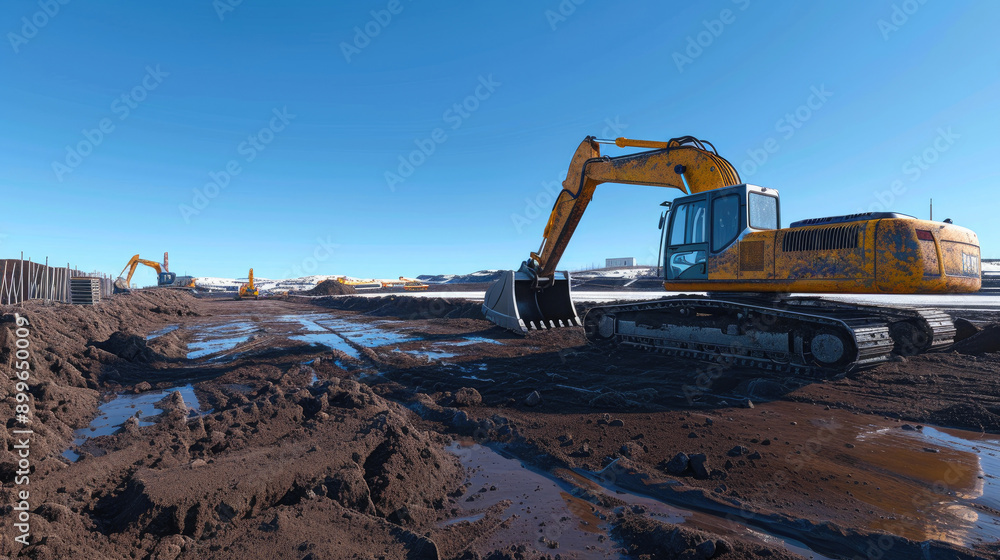 Obraz premium Cutting-Edge Crane Operating on Construction Site with Blue Horizon