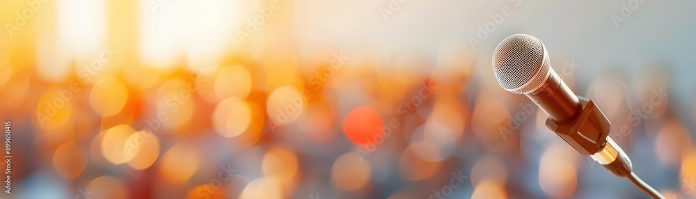 Closeup of a microphone with a blurred background of a crowd Closeup of a microphone with a blurred background of a crowd