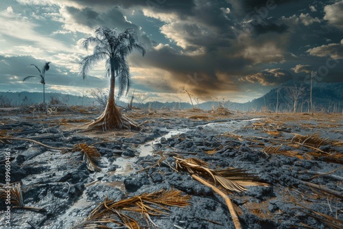 Devastated Landscape: A Lonely Palm Tree Stands Amidst the Ruins of a Tropical Forest