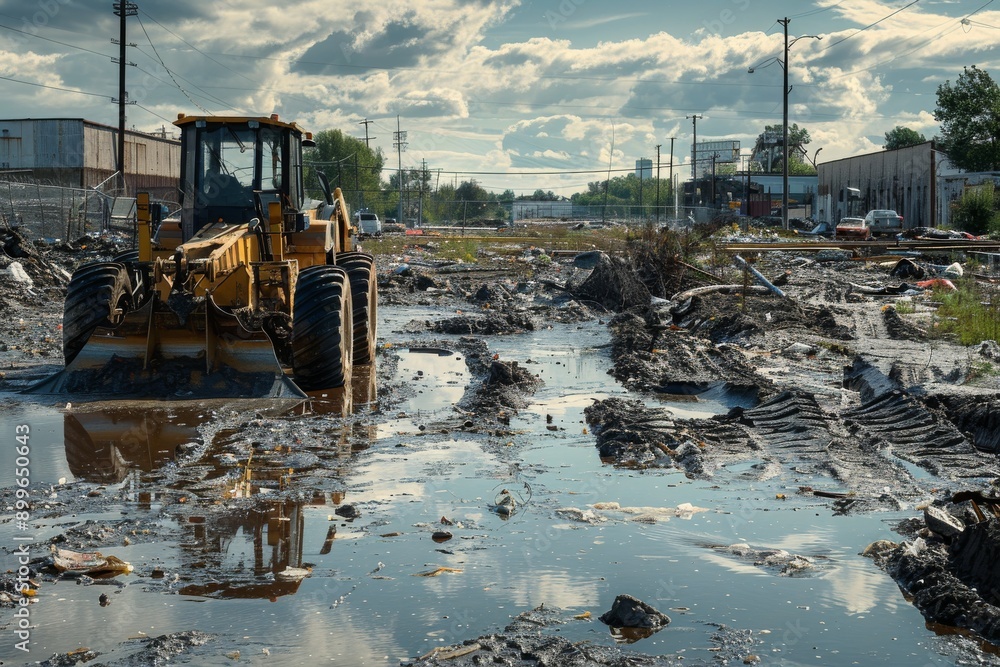 Grader Clearing Debris in Flooded Urban Landscape Grader Clearing Debris in Flooded Urban Landscape