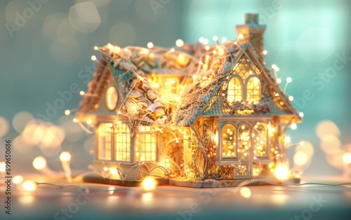 A beautifully lit miniature house adorned with fairy lights, creating a cozy, festive atmosphere perfect for holiday decorations.