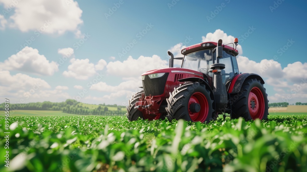 Modern Agricultural Tractor with Advanced Technology in Green Fields Modern Agricultural Tractor with Advanced Technology in Green Fields