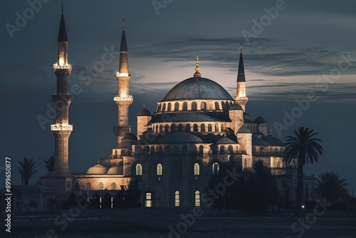 A majestic mosque illuminated at dusk