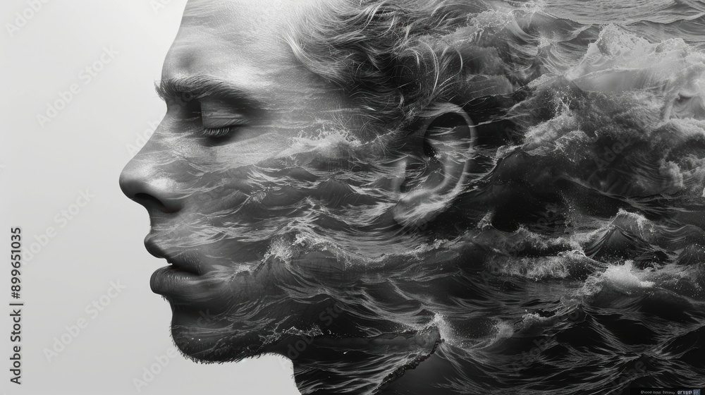 Double exposure of a woman's side profile blending with nature, featuring the ocean waves and sunset, symbolizing a deep connection with the natural world and the harmony between humanity and nature Double exposure of a woman's side profile blending with nature, featuring the ocean waves and sunset, symbolizing a deep connection with the natural world and the harmony between humanity and nature