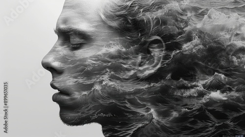 Double exposure of a woman's side profile blending with nature, featuring the ocean waves and sunset, symbolizing a deep connection with the natural world and the harmony between humanity and nature