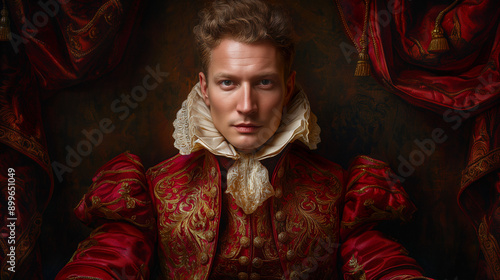 Renaissance Masterpiece: An intricately detailed Renaissance-style portrait of a noble figure, featuring rich textures, dramatic lighting, and classical attire.