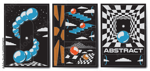 Abstract surreal poster. Cartoon colorful vintage сhessboard, spheres, stairs and steps. Vector set 