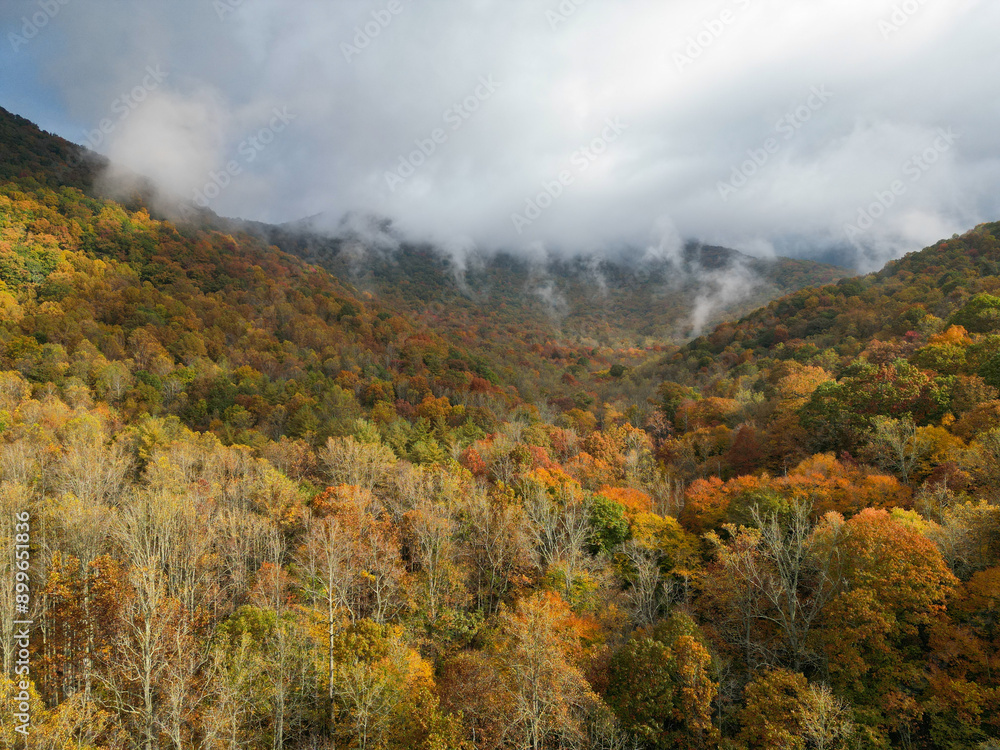 Misty Mountains outside of Asheville, North Carolina. Foggy weather in the Blue Ridge Mountains. Autumn forests near Appalachian Trail. Fall leaf foliage in october Misty Mountains outside of Asheville, North Carolina. Foggy weather in the Blue Ridge Mountains. Autumn forests near Appalachian Trail. Fall leaf foliage in october