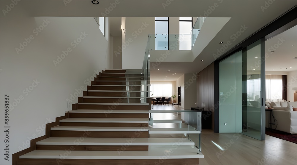Fototapeta premium Inside a modern home, a white modern staircase.
