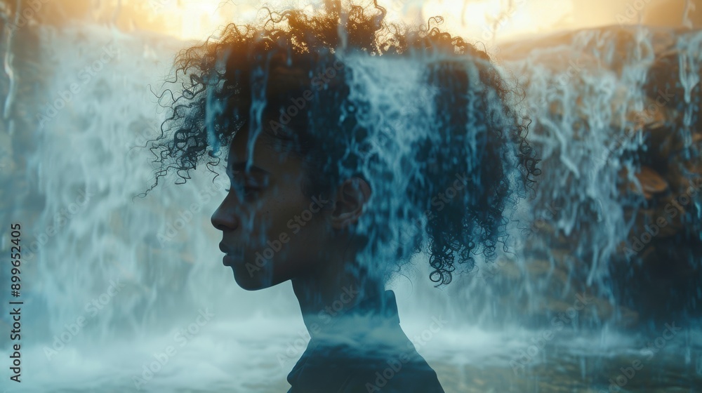 Fototapeta premium Double exposure of women combined with a serene waterfall