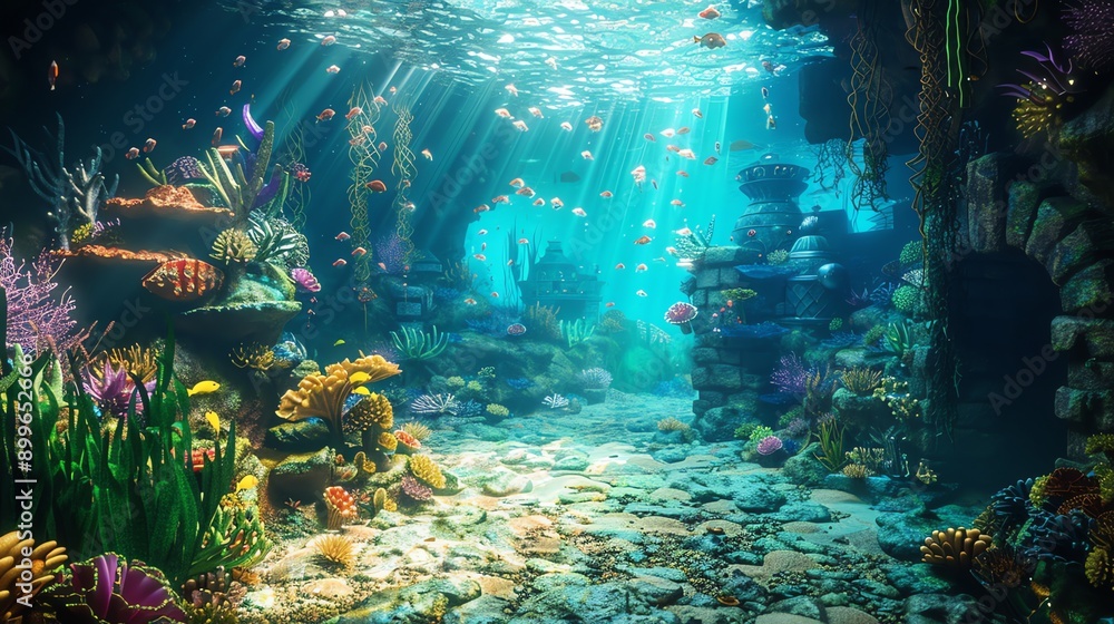 Fototapeta premium An underwater scene with a stone pathway and coral reefs.