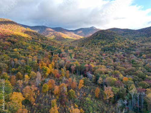 Aerial View of Shope Creek outside of Asheville, North Carolina. Autumn / Fall leaf foliage in the Blue Ridge Mountains. 
