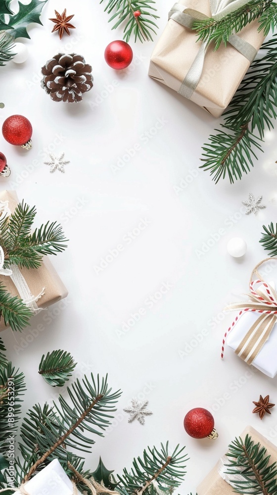 Festive Christmas flat lay with pine branches, wrapped gifts, red ornaments, and pinecones on white background, framing central copy space. Festive Christmas flat lay with pine branches, wrapped gifts, red ornaments, and pinecones on white background, framing central copy space.