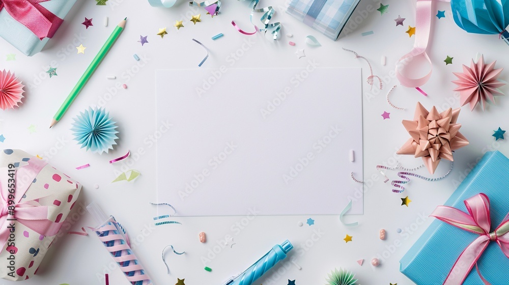 Festive party supplies frame a blank white card, perfect for your message. Colorful gifts, confetti, and decorations create a cheerful celebration backdrop.Copy space Festive party supplies frame a blank white card, perfect for your message. Colorful gifts, confetti, and decorations create a cheerful celebration backdrop.Copy space
