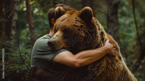 In the forest, surrounded by wildlife, an adult man hugs a brown bear.